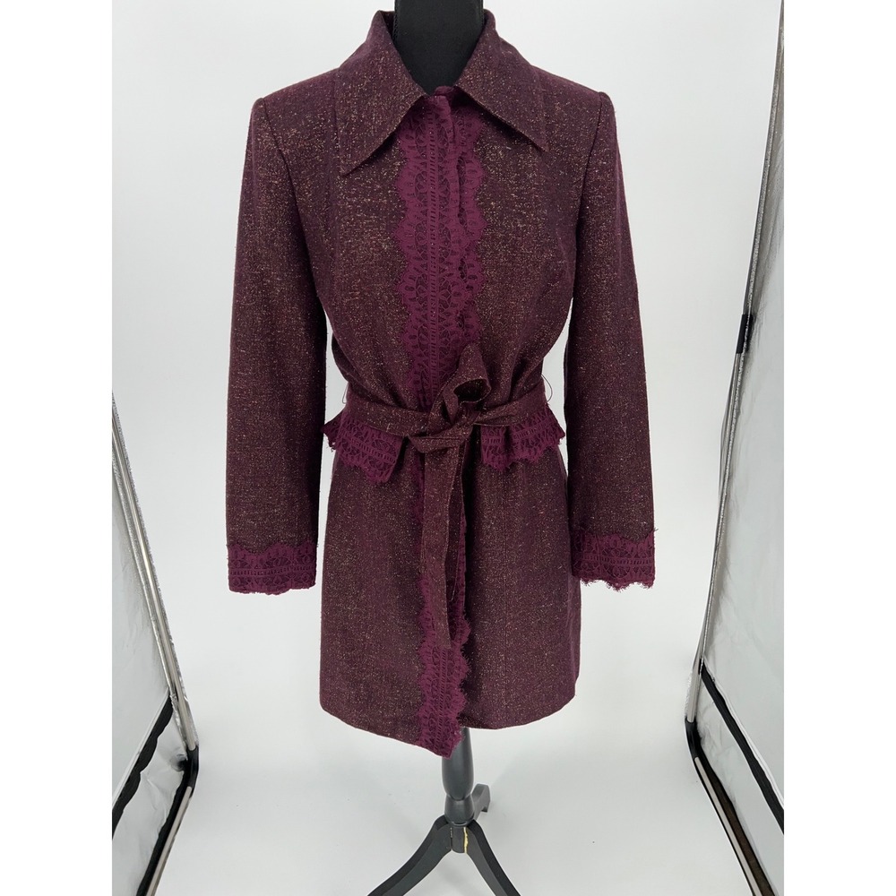 Bisou Bisou Michele Bohbot Purple Gold Metallic Tweed Lace Trim Belted Coat